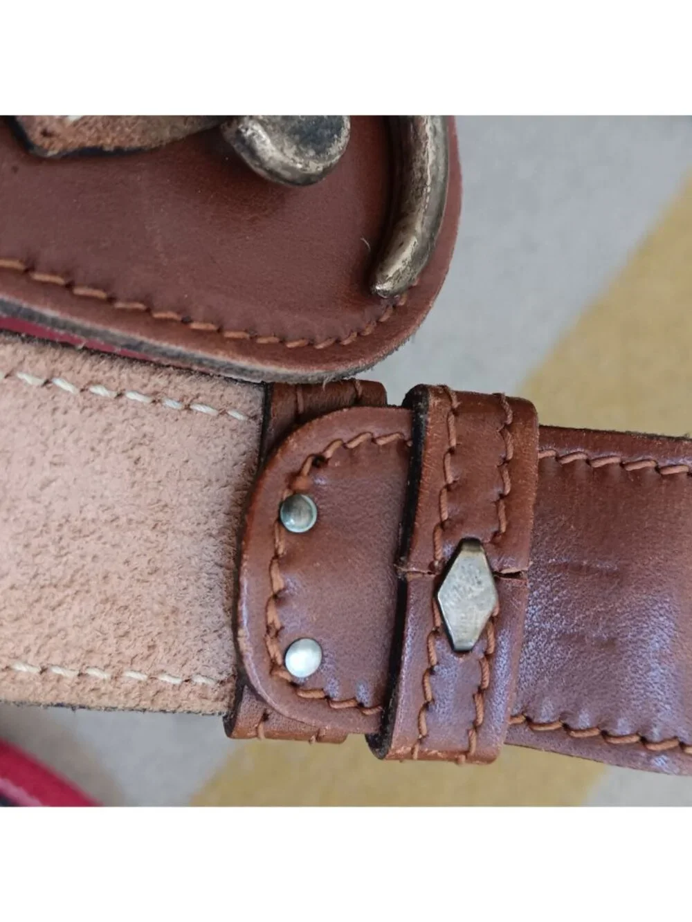 Large Vintage Hip Belt Brown Leather Hook Brass Buckle 1970's Boho Hippy 35W